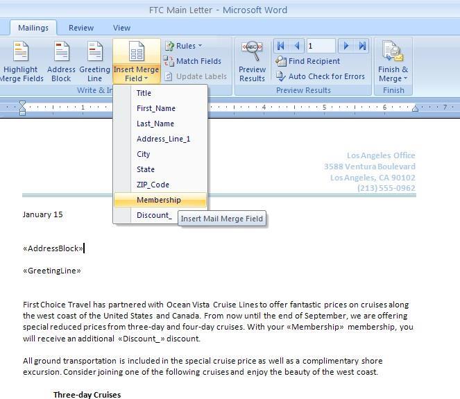 Move the insertion point a double space above the first paragraph of text in the letter and then click the Address Block button in the Write & Insert Fields Group. 20.