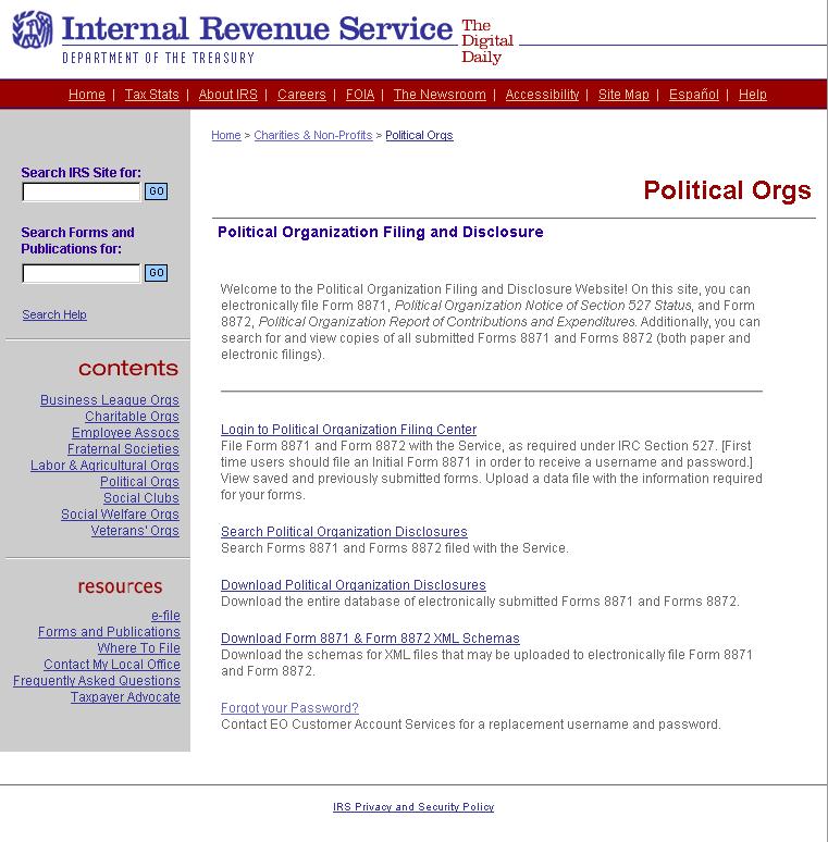 2.0 Political Organization Filing and Disclosure Landing Page 2.