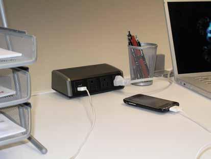 Desktop Power Center brings surge-protected power and USB charging outlets up to the work surface by utilizing existing cord drop openings in office desks and table tops or by mounting