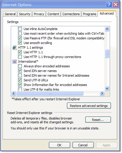 8. On the Advanced tab, in the HTTP 1.1. Settings section, ensure that the Use HTTP 1.1 option is selected. Verify HTTP 1.1 setting If you cannot use HTTP 1.