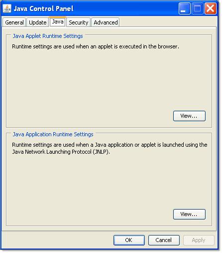 5. In the Java Applet Runtime Settings section, click the View button. Click the View button 6. In the Java Runtime Settings window, locate JRE version 1.6.0_04, 1.6.0_05, 1.6.0_06, or 1.6.0_07.