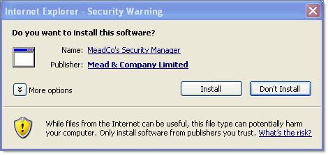 If MeadCo s Security Manager is not installed, a related message appears near the title bar. Click the message and select Install ActiveX Control.