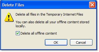 a. In the Temporary Internet Files section, click the Delete Files button. Delete temporary internet files b.