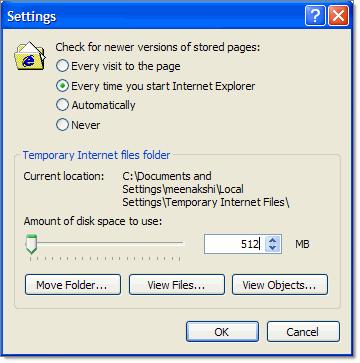 In the Temporary Internet files folder section, specify at least 512 MB as the disk space to use. Configure temporary internet file settings 6.