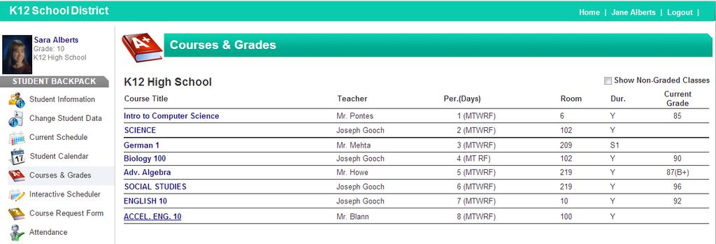 the student's schedule. Note: A Current Grade may display as a percentage, a letter grade, both, or blank depending on each teacher's preference.