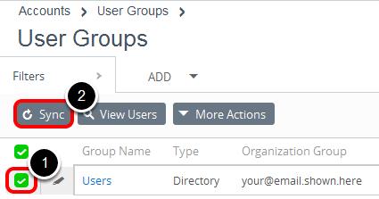 Sync AD Users 1. Click the Check box next to the Users user group to select it. 2.