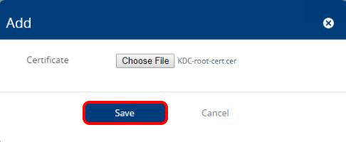 1. Click the Downloads folder. 2. Select the KDC-root-cert.cer file by clicking on it. 3. Click Open.