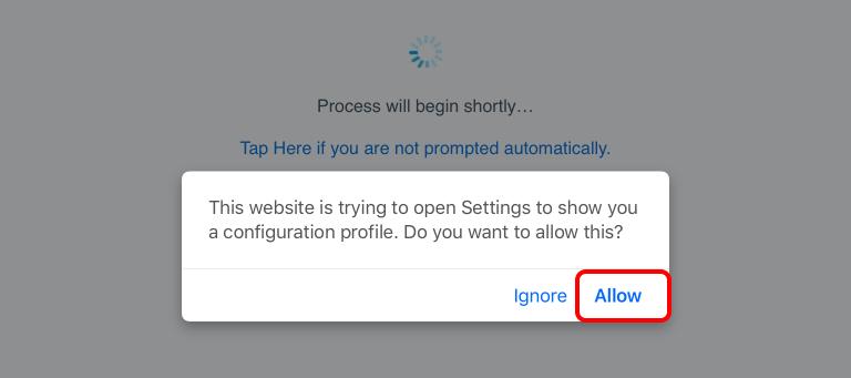 Allow Website to Open Settings (IF NEEDED) If you prompted to allow the website to open Settings to show you a configuration profile, tap Allow.