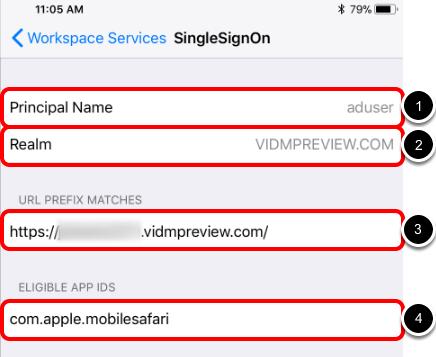 Verify Settings Verify that the following Single Sign-On settings are correct: 1. Principal Name is set to "aduser". 2. Realm is set to VIDMPREVIEW.COM. 3.