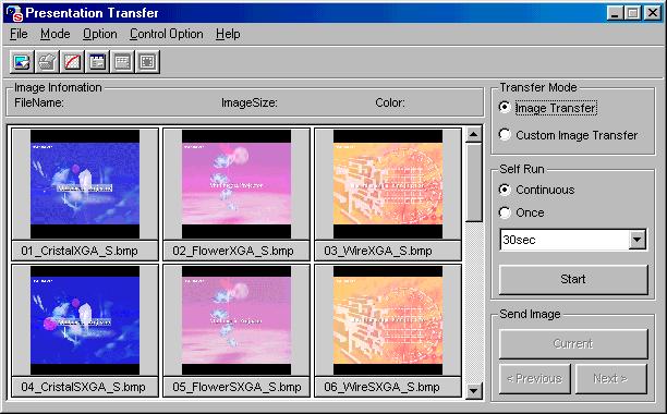 Single Transferring Images Presentation Transfer This mode makes it possible to transfer images saved as BMP or JPEG files to the projector.