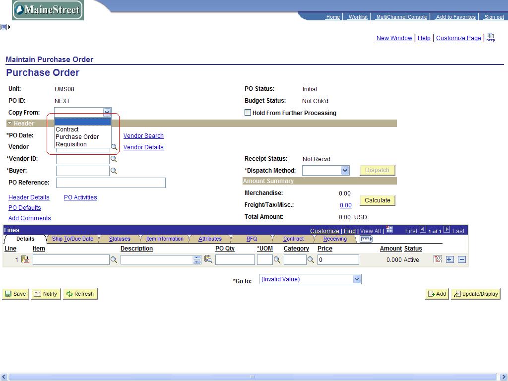 6. Select Purchase Order from the list to access the Copy Purchase