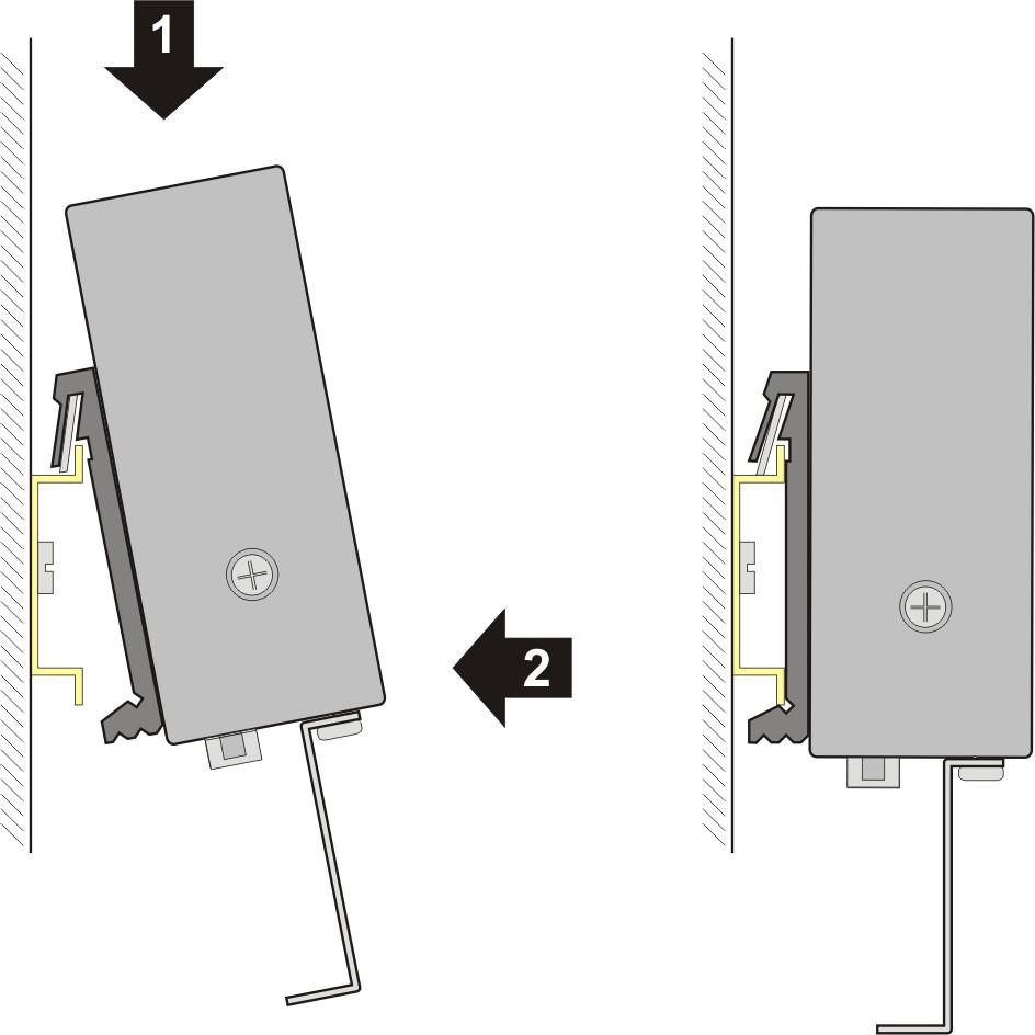 The picture shows the installation position: The unit is snapped onto the rail as follows: 1.