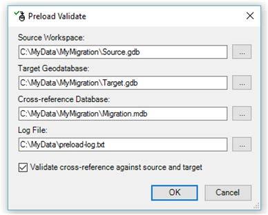 c. Browse to the workspace that contains the Source Geodatabase. Click Select. The Preload Validate dialog box appears again with the path to the Source Geodatabase in place. d. Click the ellipsis button next to the Target Geodatabase text box.