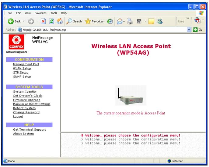 You will then reach the home page of Compex WP54AG s web-based interface.