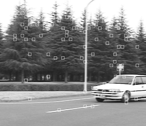 Figure 4: Car image sequence. Frame 1. Frame 1. The small rectangles show the extracted feature points.
