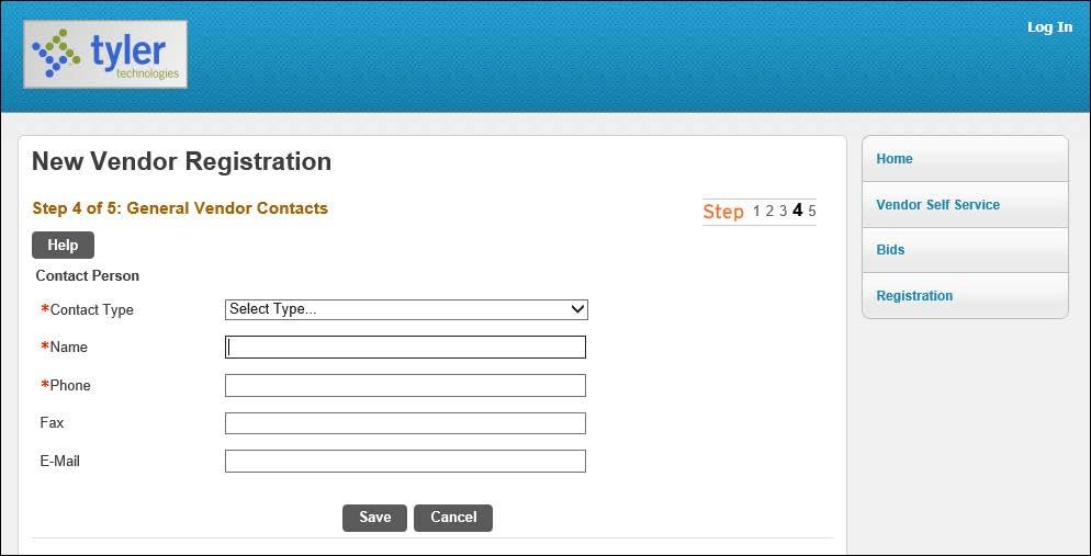 In step four, the vendor clicks New Contact to enter a contact person for the general vendor