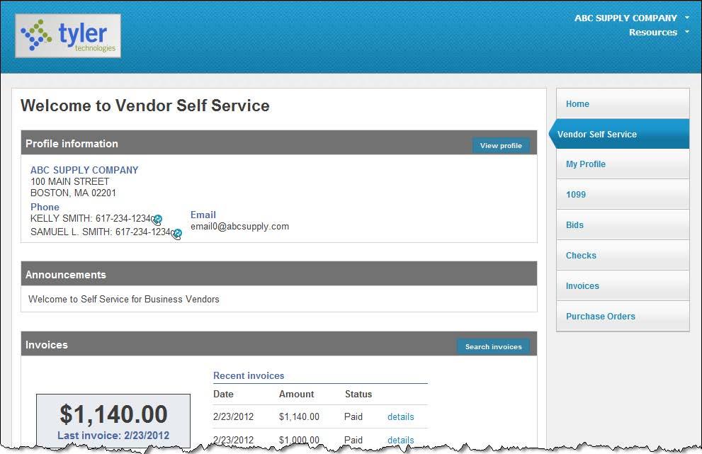 Vendor Self Service Home Page The Vendor Self Service home page contains a banner, navigation menu, and a series of