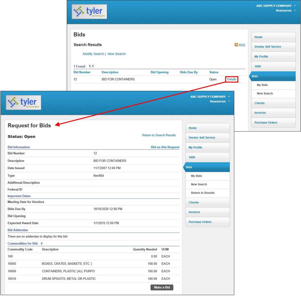 When the Details link is clicked for a bid, VSS displays the Request for Bids page. The Request for Bids page displays information about the bid that your organization entered in Munis.