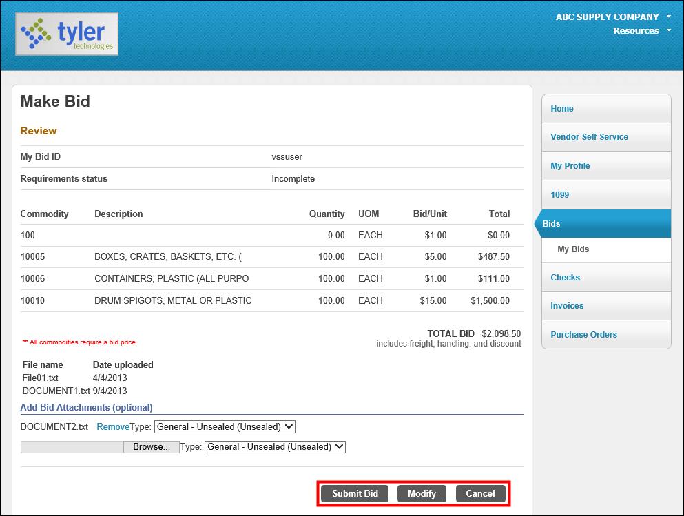 Vendors can modify or cancel their bid quote by clicking the buttons on the Make Bid