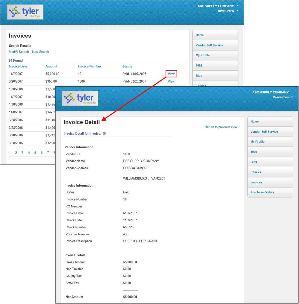 The Modify Search and New Search links return a vendor to the Vendor AP Invoice Search page. Clicking a column title sorts the list of invoices by that column s values.