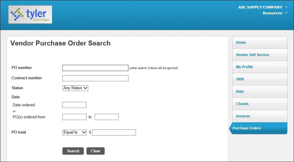 Purchase Orders When a vendor clicks the Purchase Orders option on the navigation