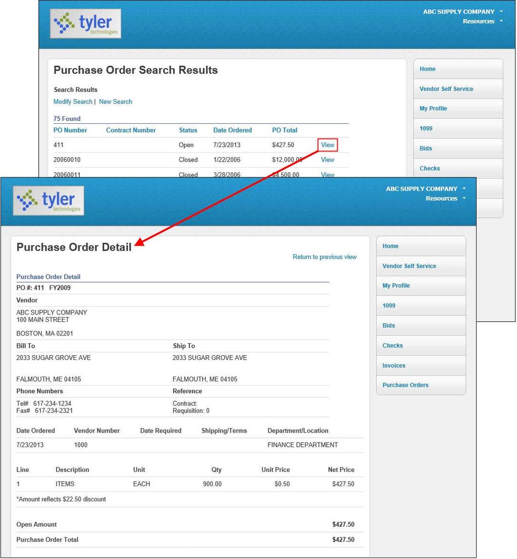 The Modify Search and New Search links return a vendor to the Vendor Purchase Order Search page. Clicking a column title sorts the list of purchase orders by that column s values.