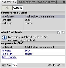 Show List View: View an alphabetical list of possible properties and those that compose the selected style rule.