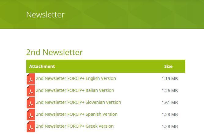 Figure 4 Newsletter section in FORCIP+ website Deliverables: the different