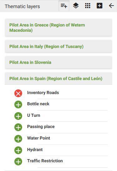 cartographic information and search results can be managed: Thematic layers: shows a list of the different