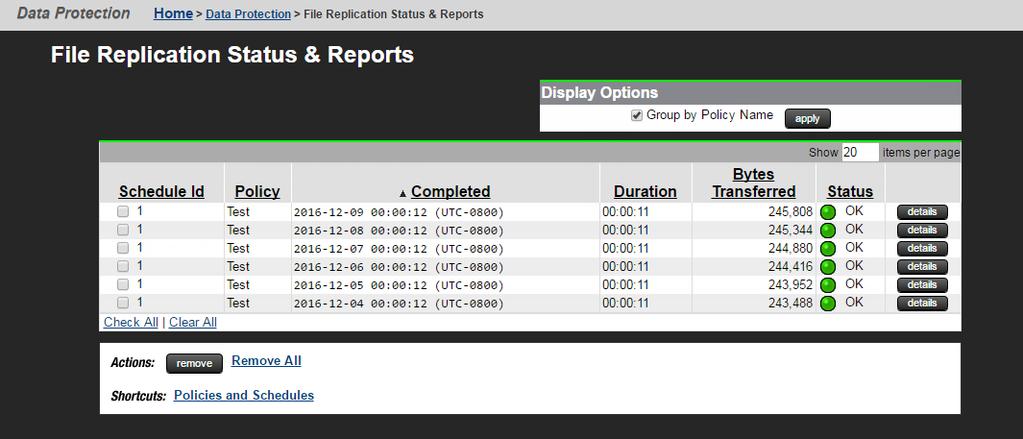 Displaying file replication status and reports The replication report Status column displays results of a replication job (green for OK, red for failed).