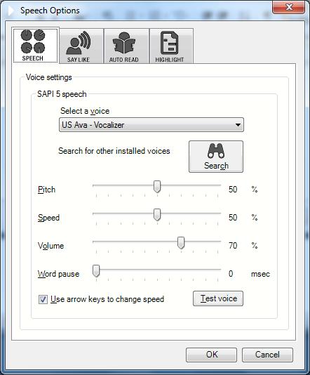 Speech Options Access Speech Options through the dropdown menu located beside the green Play button on your toolbar. Speech Tab Use to select a new voice, change the reading speed and volume.