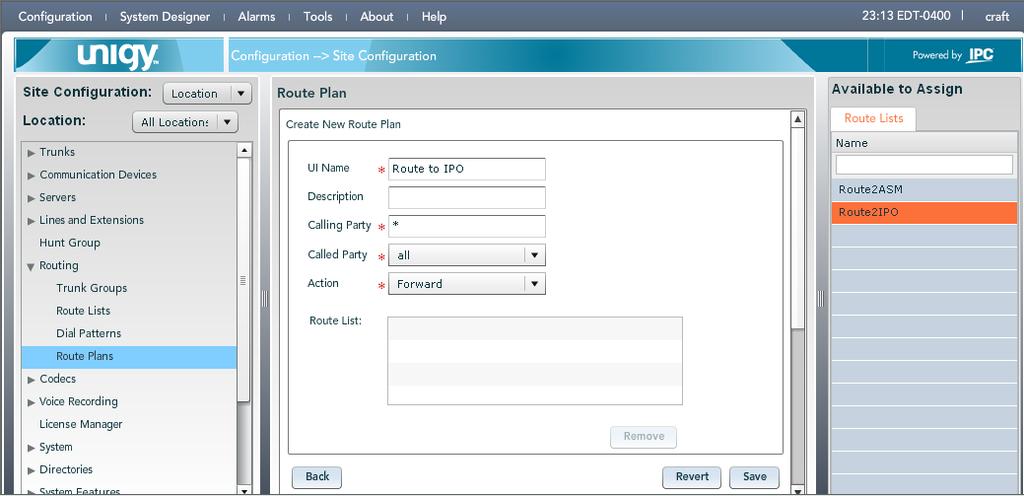 6.6. Administer Route Plans Select Routing Route Plans in the left pane, and click Add New (not shown) in the right pane to create a new route