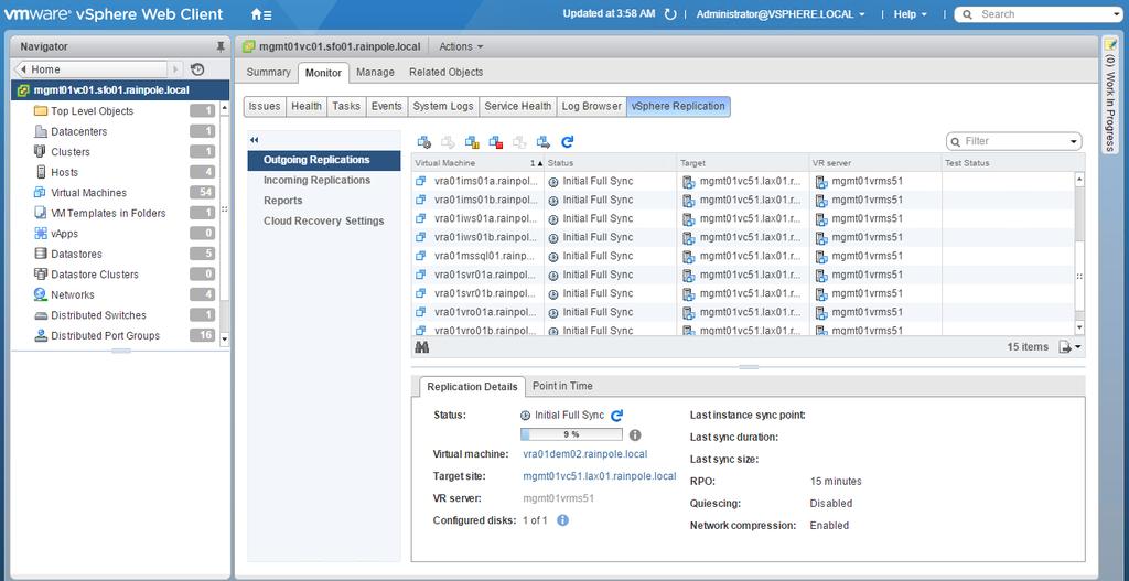 local source vcenter Server to open the page for replication configuration page for this vcenter Server instance. c. On the Monitor tab, click the vsphere Replication tab and select Outgoing Replications.