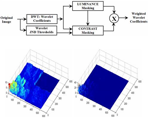 Wavelet image coding measurement 2419 Figure 1: Wavelet perceptual masking algorithm SetUp (top), contrast masking (bottom-left), and luminance and contrast masking (bottom-right).