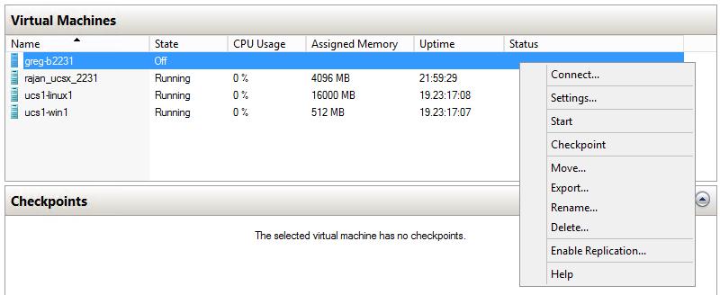 Cisco UCS Performance Manager Installation Guide Figure 25: Starting a virtual machine 18 In the Virtual Machines area of Hyper-V Manager, select the new virtual machine, and then right-click to