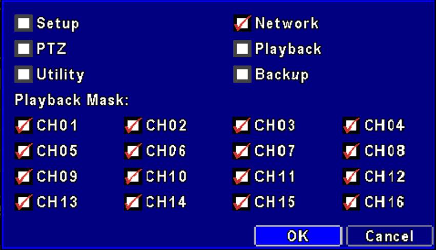 permissions, including access to Setup menu, Network operation, PTZ function, Playback, Utility, Backup and Mask on specific channels while playing back.