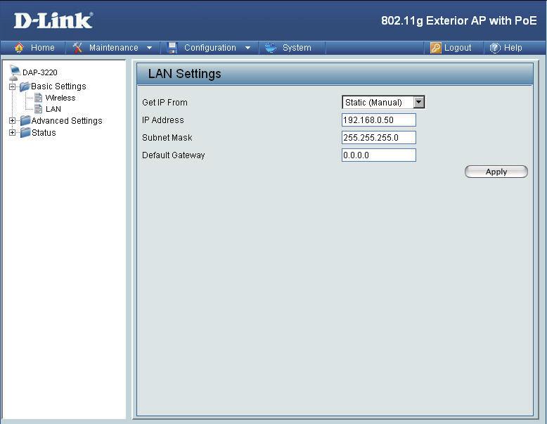 Home > Basic Settings > LAN LAN is short for Local Area Network. This is considered your internal network. These are the IP settings of the LAN interface for the DAP-3220.