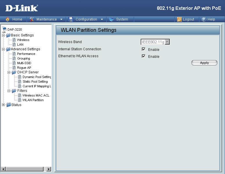 Home > Advanced Settings >Filters > WLAN Partition Wireless Band: Internal Station Connection: IEEE 802.