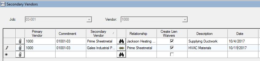 19. From the Contact Selection List window select Gale Industrial Products and Click OK. NOTE: the Binocular icon changed to a Linked icon showing the Secondary Vendor is linked to Address Book. 20.