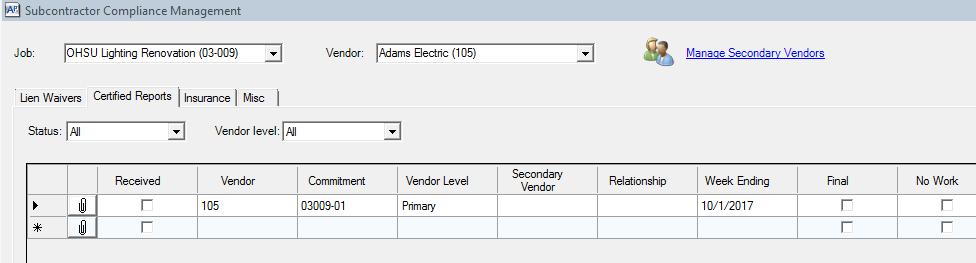 Exhibit B Enter secondary vendor payrolls: You can Manage Secondary Vendors at the top of the window by clicking on the link.