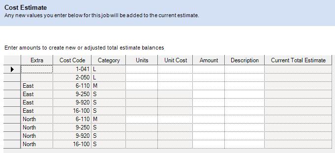 9. Cost Estimate Grid: Should look like this. 10. Enter the Estimate from the Grid Below. Leave Description as the default. Cost Code Cat.