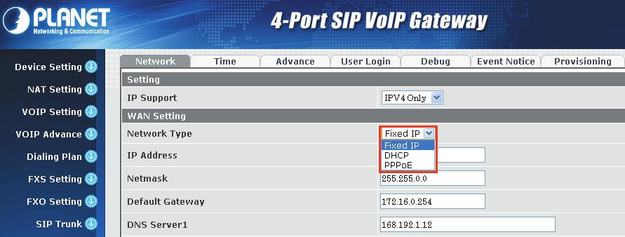 Selection of IP Support / Network Connection Type 3.3 Changing IP Address or forgotten admin password To reset the IP address to the default IP address 192.168.0.