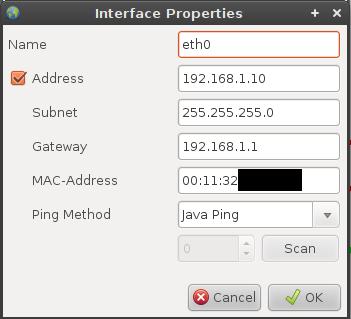 Interface Here you can set the (internal) name of the network interface as well as the address and the pingmethod. Some interfaces do not have an address, such as switches and hubs.