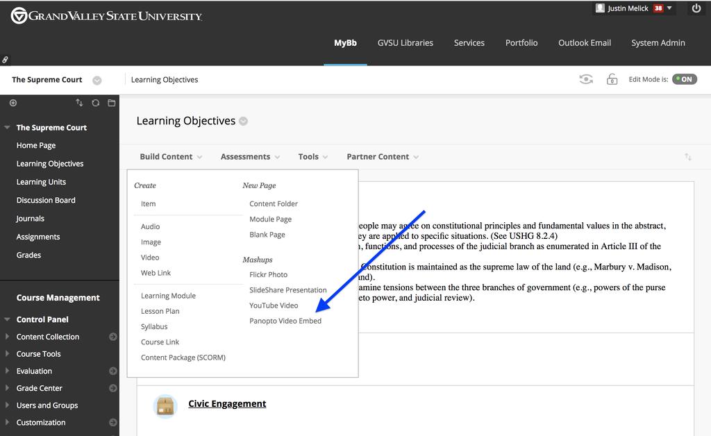 3. Once in BlackBoard go the section you would like to add your video and go to