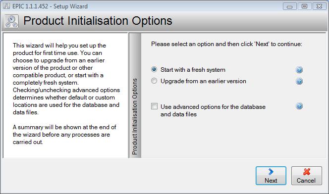 6 Wizard Pages 6.1 Product Initialisation Options Page This wizard page is shown once the Setup Wizard starts following initial installation of the product.