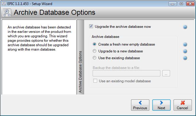 Upgrade the archive database now Figure 6 Archive Database Options If this checkbox is checked, then additional options for upgrading the archive database will be presented below it.