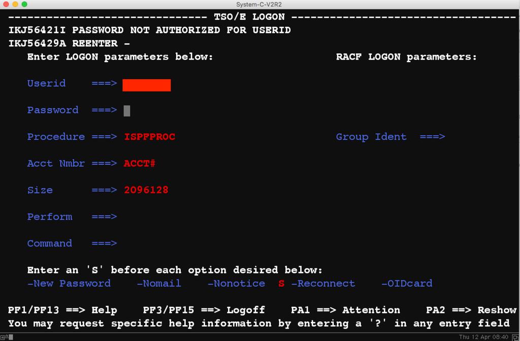 When PASSWORDPREPROMPT is OFF, the TSO/E LOGON screen appears, which contains logon information.