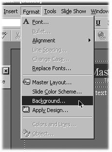 2 Change the slide background To change the background color of the slide, from the Format menu, choose Background.