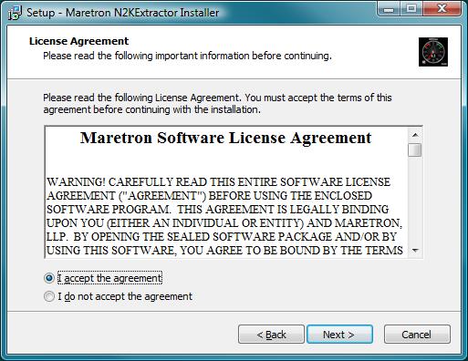 N2KExtractor User s Manual After you have read and accepted the agreement, press Next.