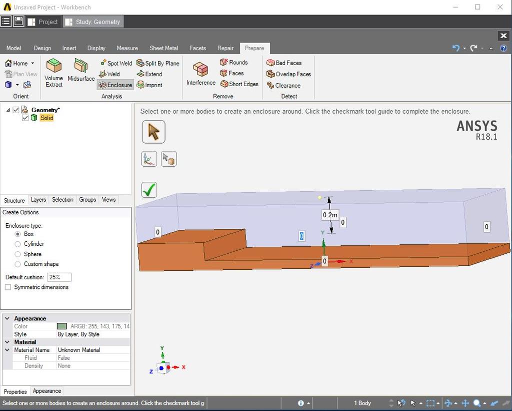 Enclosure tool can be found in the Analysis section of the toolbar under the Prepare tab. Select the step body and a box will appear around it to be edited.